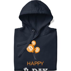 Bitcoin Hoodie - Happy B-Day - Premium - Unisex - Kleur Marine Blauw - Maat S | Bitcoin cadeau| Cryptocurrency cadeau| Bitcoin Trui| Crypto Trui| Crypto Hoodie| Bitcoin Hoodie| Bitcoin Merch| Bitcoin Kleding| Crypto Kleding