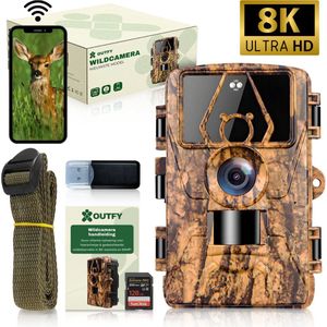Outfy® Wildcamera met Nachtzicht - 8K Ultra HD & 60MP - Wildcamera voor buiten - Met WI-FI App - Incl. 128GB SD-kaart & USB SD-kaart lezer - 3 Jaar Garantie