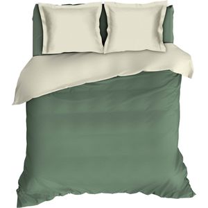 Premium flanel dekbedovertrek uni groen/creme - 240x200/220 (lits-jumeaux) - zeer zacht en heerlijk warm - uniek dessin - donsachtig laagje - excellente kwaliteit