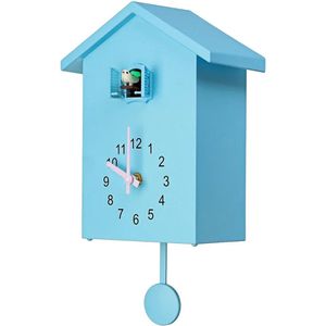 Rakmishop - Minimalistische Koekoeksklok - Modern - Analoog - Koekoek - Cuckoo Clock - Wit - Koekoeksklok kind - Birdhouse clock - Hout - Blauw