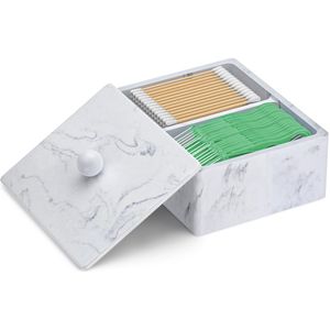 Ibenzoa® Elegante Marmerlook Wattenstaafjeshouder met 2 Vakken en Deksel voor Badkameropslag