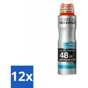 12 x L'Oréal Men Expert Deodorant Spray Fresh Extreme 150 ml - L'Oréal Paris - Deodorant - Anti-transpirant - 48 Uur Bescherming - Frisse Geur