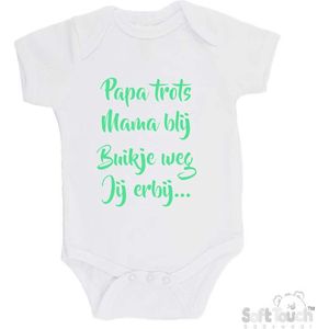 100% katoenen Romper ""Papa trots Mama blij Buikje weg Jij erbij..."""" Unisex Katoen Wit/mint Maat 56/62