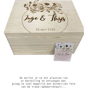 Houten speelgoedkist/herinneringskist/voorraadkist/opbergkist met persoonlijke gravure. Kraam cadeau-Babyborrel-Huwelijksgeschenk-Trouwdag-Gedenkkist-Prins carnaval. Maat 40cm x 30cm x 23cm. Onbehandeld hout.