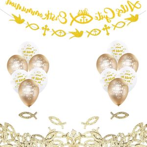 Eerste Communie Decoraties voor Jongens en Meisjes - Gouden Banner Ballonnen en Taart Toppers voor Heilige Communie Feest.