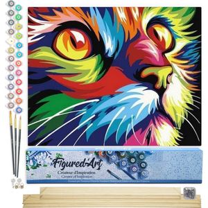 Figured'Art Schilderen op Nummer Volwassenen canvas Katachtige Pop-art - Handwerk acrylverf Kit DIY Compleet - 40x50cm met DIY houten lijst