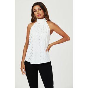 Zilveren folie haltertop met strik op de rug in het wit