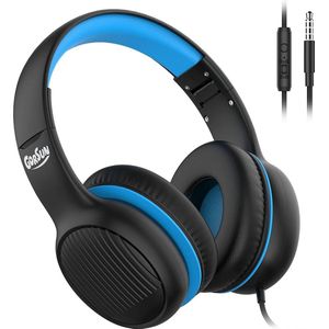 StayPowered Hoofdtelefoon - Veilig Geluid voor Kinderen - Volumeregelaar - Stereogeluid - Audio Sharing - Comfortabele Oorkussens - Ingebouwde Microfoon - Voor Kids - Zachte Eco-Lederen Oorkussens - Zwart/Blauw - Levering Sneller dan Aangegeven!