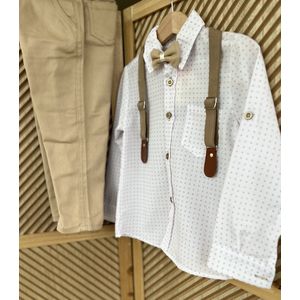 luxe jongens kledij- vierdelige katoenen jongens set-4 delig kinderpak- gestippeld overhemd, verstelbare bretels en vlinderdas- kostuumbroek (donkerbeige),hemd en strikje - feest outfit-bruidsjonkers-bruiloft-communie-verjaardag- 8 jaar-maat 128