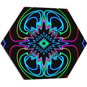 PVC Schuimplaat Hexagon - Neonkleurige Strepen in Cirkel Vormen tegen Zwarte Achtergrond - 60x52.2 cm Foto op Hexagon (Met Ophangsysteem)