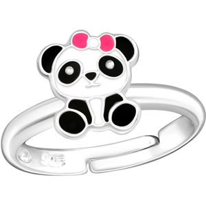 Joy|S - Zilveren Panda ring - verstelbaar - met roze strikje - voor kinderen