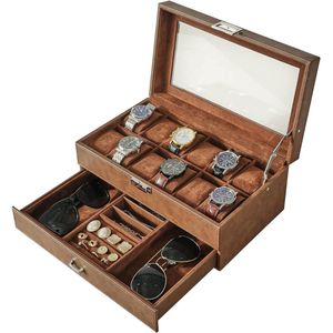 Horloge Box 12 Slots PU Lederen Horloge Case voor Mannen - Sieraden Display Drawer Case met Glazen Top - Gladde Velvet Lining - Luxe JWB001Z