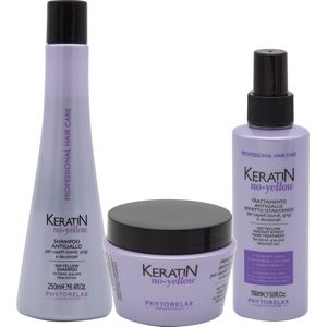 Phytorelax Keratine No-Yellow Haarverzorging Voordeelverpakking - Shampoo + Haarmasker + Instant Effect Spray - Professionele Haarbehandeling voor Blond, Grijs of Gebleekt Haar - 650ml