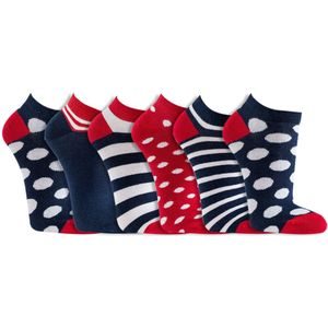 Vrolijke sneakersokken | Dames sokken | Merk: Socks4Fun | Maat: 35 t/m 42 | Kleur: Rood Blauw | 6 Paar