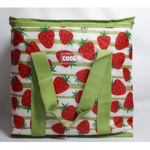 Koeltas - 16 Liter - 34 x 36 x 16 cm - Polyester Buitenkant - Lime groen met Aarbeienprint - Vakantie - Strand - Onderweg - Met 4 Gratis Koelelementen