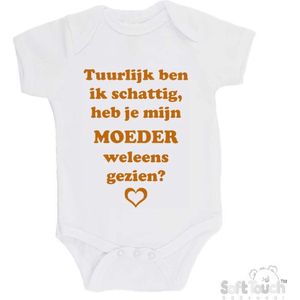 100% katoenen Romper ""Tuurlijk ben ik schattig, heb je mijn moeder weleens gezien?"" Unisex Katoen Wit/tan Maat 56/62