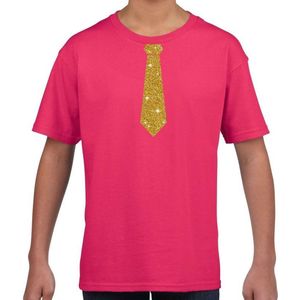Roze fun t-shirt met stropdas in glitter goud kinderen - feest shirt voor kids 146/152