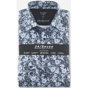 OLYMP Level 5 24/Seven body fit overhemd - blauw gebloemd tricot - Strijkvriendelijk - Boordmaat: 38