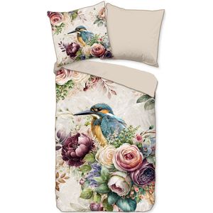 Luxe Satijnen Dekbedovertrek 155x220 cm - Bloemen en Vogels Print - Zand - 1 Persoons - 100% Katoen-Satijn