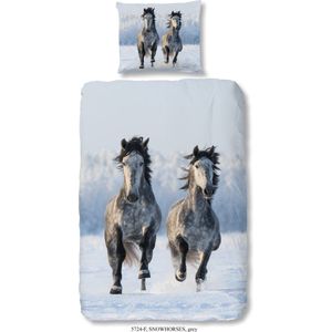 Dekbedovertrek Witte rennende Paarden- Flanel-Katoen- 1 persoons- 140x200- dekbed slaapkamer- Snow Horses