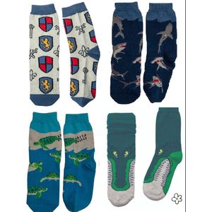 Nature Planet -kindersokken - set van 4 paar gave sokken - medieval - haai - schildpad - krokodil (100% Oeko-tex gecertificeerd) maat 29-34