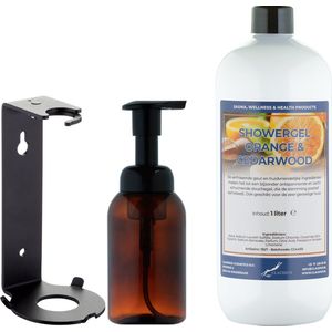 Zeepdispenser 300 ml amber bruin hervulbaar + 1 liter Showergel Sweet Orange & Cedarwood navulling (inclusief beugel)