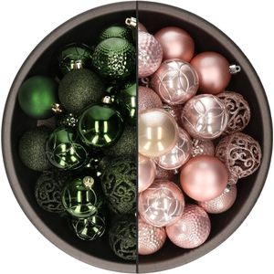 Bellatio Decorations Kerstballen mix - 74-delig - donkergroen en lichtroze - 6 cm - kunststof