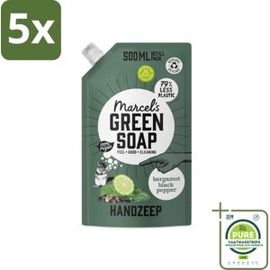5 x Marcel's Green Soap - Handzeep - Bergamot & Black Pepper - Natuurlijke verzorging - 500 ml - Grootverpakking - Handzeep Navulling - Biologische Handzeep - Duurzame Handzeep - Bergamot Zeep - Zwarte Peper Zeep