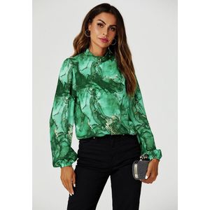 Top met lange mouwen en hoge hals en marmerprint in lichtgroen