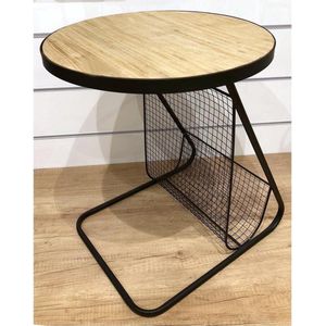 Home Deco Factory Bijzettafel - naturel/zwart - metaal - D41 x H48 cm - met tijdschriften houder