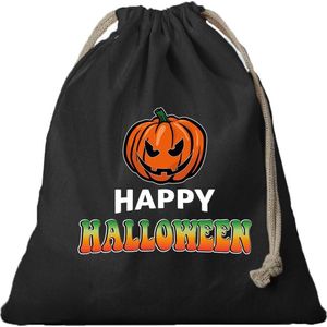 Halloween - 1x Pompoen / happy halloween canvas snoep tasje/ snoepzakje zwart met koord 25 x 30 cm - snoeptasje halloween