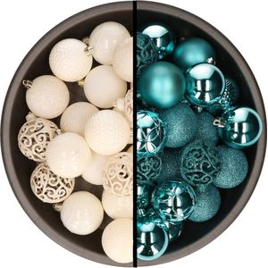 Kerstballen - 74x stuks - wol wit en turquoise blauw - 6 cm - kunststof