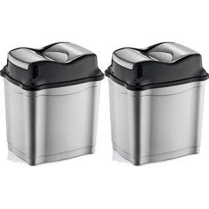 2x stuks zilver/zwarte vuilnisbak/vuilnisemmer kunststof 50 liter - Prullenbakken/afvalbakken - Kantoor/keuken prullenbakken