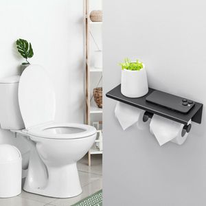 Auralum max WC Rolhouder - Met Bakje - Toiletrolhouder - Boren - Zelfklevend - Zwart - Met plankje - WC Papier houder - Toilet Papier Houder