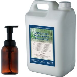 Zeepdispenser 300 ml amber bruin hervulbaar + 5 Liter Bodylotion Rozemarijn & Eucalyptus navulling