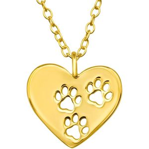 Joy|S - Zilveren hartje hanger met dierenpootjes - inclusief ketting 39 cm met extra oogje op 36 cm - 14k goudplating - kat hond poot afdruk - voor kinderen