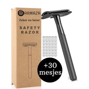 Armaza Safety Razor + 30 Gratis Scheermesjes – Zwart voor Vrouwen en Mannen – Klassiek Scheermes – Veiligheidsscheermes Zwart Metaal - Double Edge - Dubbelzijdig scheermes - Single Blade Zero Waste - Duurzaam Scheermesje…