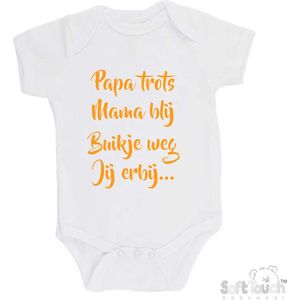100% katoenen Romper ""Papa trots Mama blij Buikje weg Jij erbij..."""" Unisex Katoen Wit/mosterd Maat 68/74