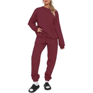 Dames Katoenen Ronde Hals Trainingspak Set - Lange Mouw Tweedelige Outfit - Plus Size Lounge Wear Set