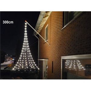 Vlaggenmast kerstverlichting gevel, hangende 3D kerstboom 3 meter -XL 300 cm - 320 warmwitte LED lampjes, vlaggenmast verlichting buiten