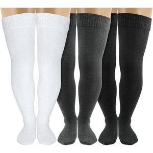 Katoenen Dij Hoge Sokken - Extra Lang en Dik - Antislip Siliconen Ontwerp - Zwart, Wit, Grijs - 3 Paar - Dames .
