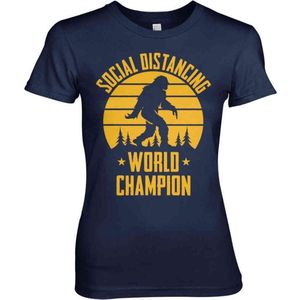 Dames Fun Tshirt -S- Social Distancing World Champion Blauw