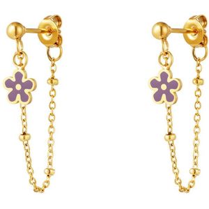 Yehwang - Earrings flower chain - lila - rvs - oorbellen - kettinkje - bloemetje
