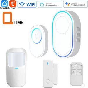 WiFi Deurbel Alarm Starter Set, Tuya Alarm Intelligente Draadloze Deurbel Met LED 58 Ringtones volledige bediening via de Tuya app, Deur/raam magneet, PIR infrarood detector en een afstandsbediening.