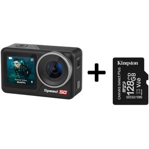 NexZone - Action Camera - Incl. 128GB SD Kaart - Dual Lens 5K - Dubbele batterij - Waterdicht tot 6 m (40 m met Case) - 170° Wide-Angle - WiFi & Touchscreen - Actioncam - Vlog & Sportcamera – Zwart