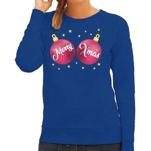 Foute kersttrui / sweater blauw met roze Merry Xmas borsten voor dames - kerstkleding / christmas outfit L