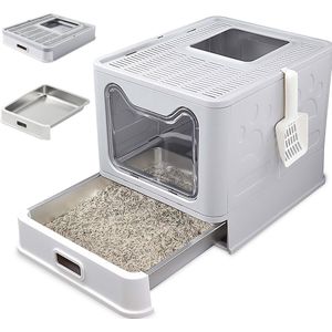 Kattenbak RVS met Deksel – Opvouwbare Gesloten Kattenbak met Lade – Geurvrij, Lekvrij en Makkelijk Schoon te maken – Dubbele ingang/uitgang – Kattentoilet met Schep (38,3 × 51 × 41 cm) – Grijs