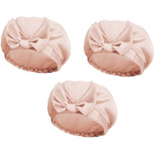 3-stuks Douchekap met strik - Waterdichte douchekap - Permanentkap met strik - Hoofdkap - Met elastische band - Dubbellaagse waterdichte douchekap - Zijdezacht - Geschikt voor damesbaden, haarverzorging, spa, thuis - Roze