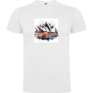 Wit T-Shirt met “ Kleurrijke Opera House Sidney “ Print Full Color Maat 2XL