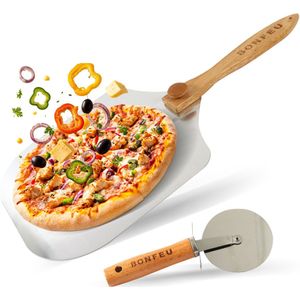 BonFeu Pizza Starter Kit - Pizzasnijder & Pizza Spatel/Schep Combi Set – Perfect voor Snijden en Serveren van Pizza - Barbecue Accessoires - Pizzascheppen